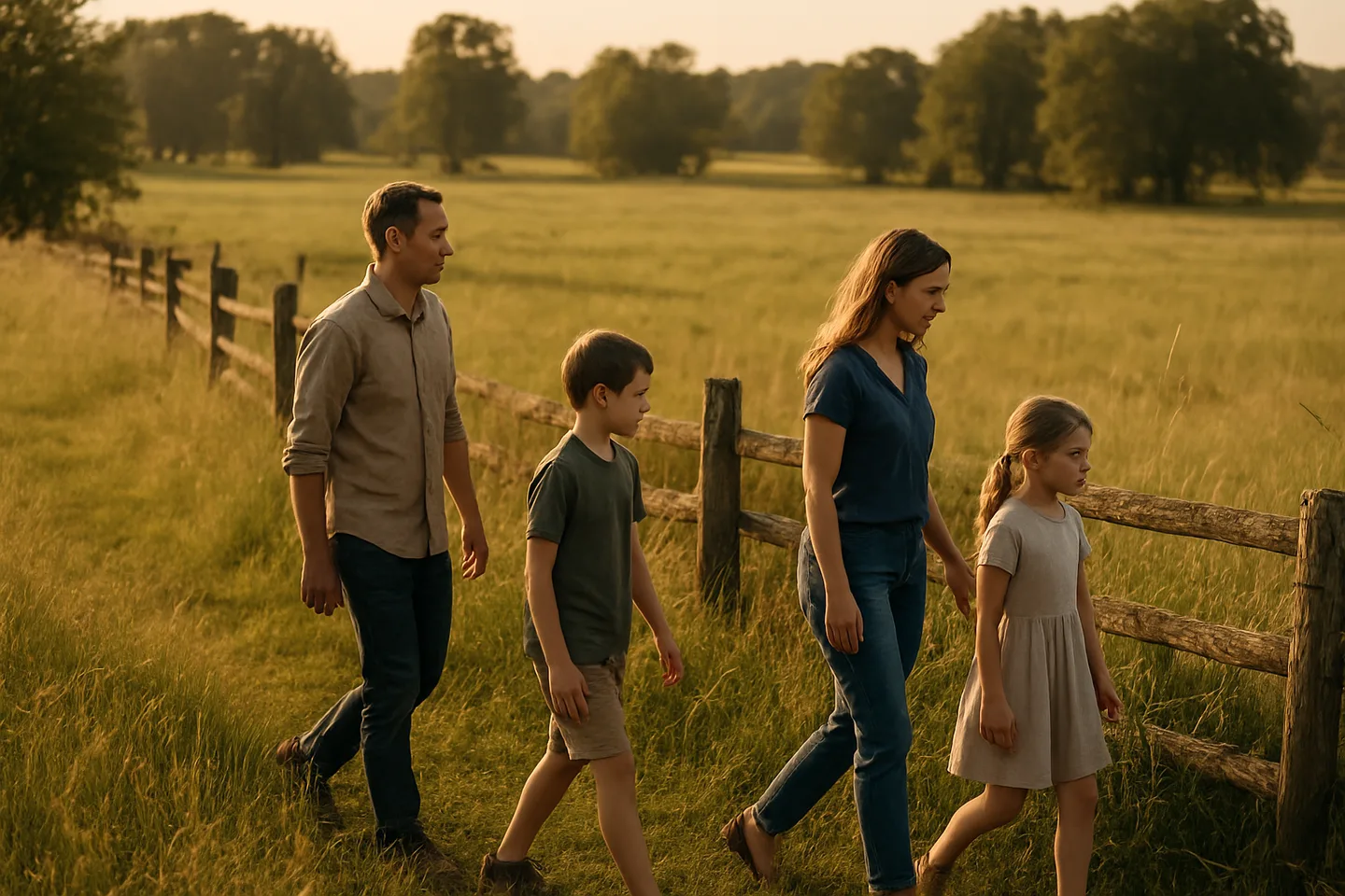 Family walking along inherited rural property