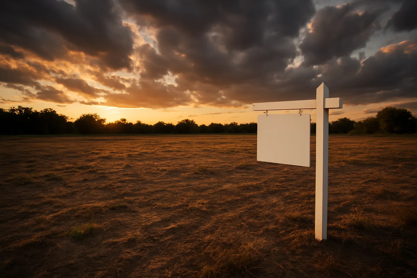Vacant land parcel with real estate sign at golden hour