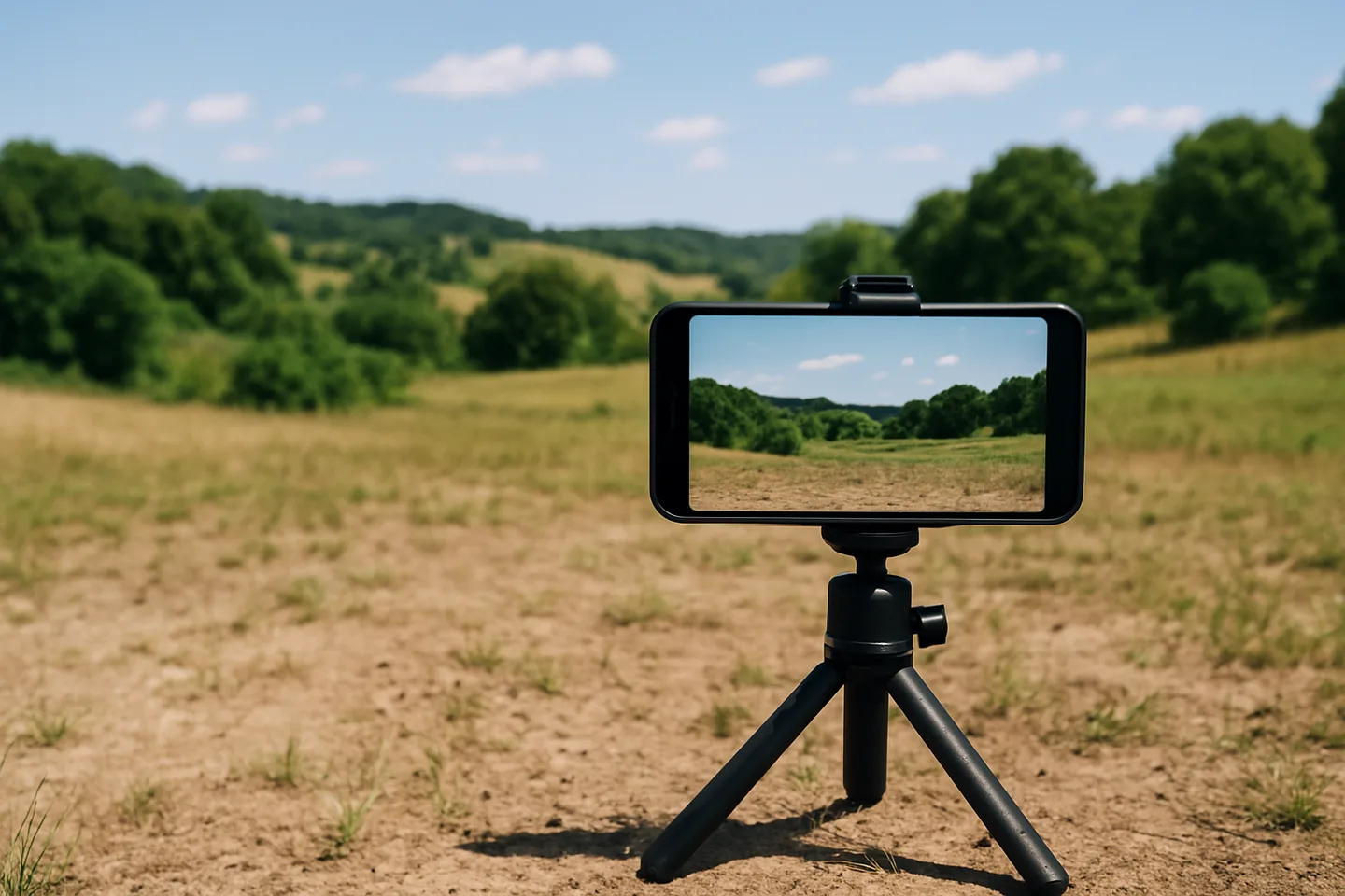 Smartphone on tripod photographing a vacant land parcel