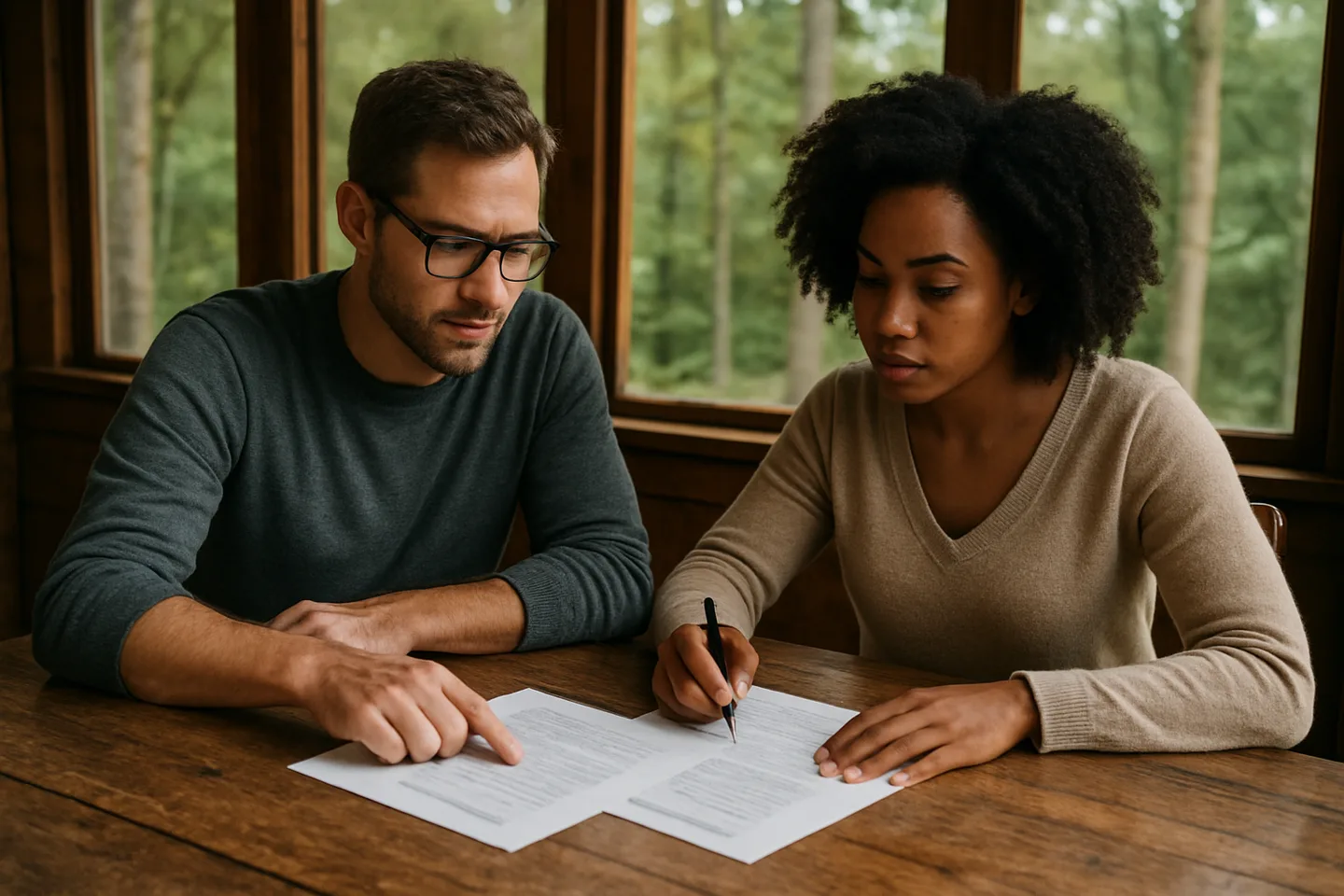 Two people reviewing land sale documents without a realtor