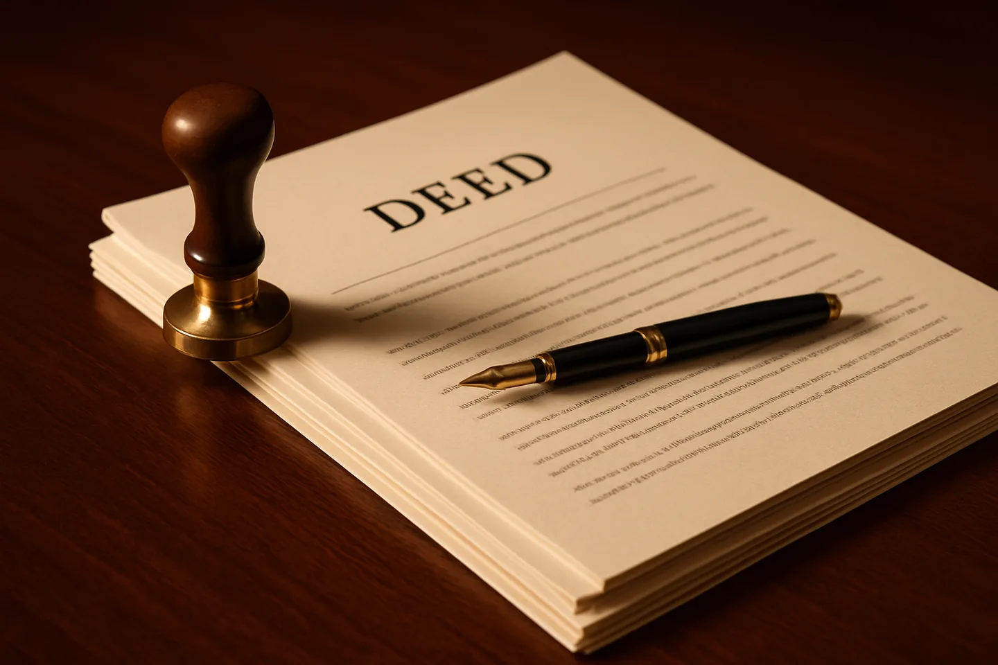 Legal land deed with notary stamp and fountain pen on desk