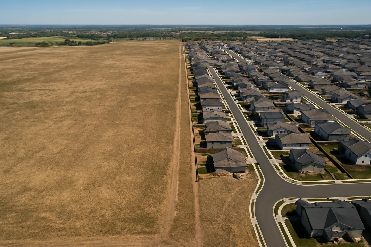 Aerial view of undeveloped land next to new construction