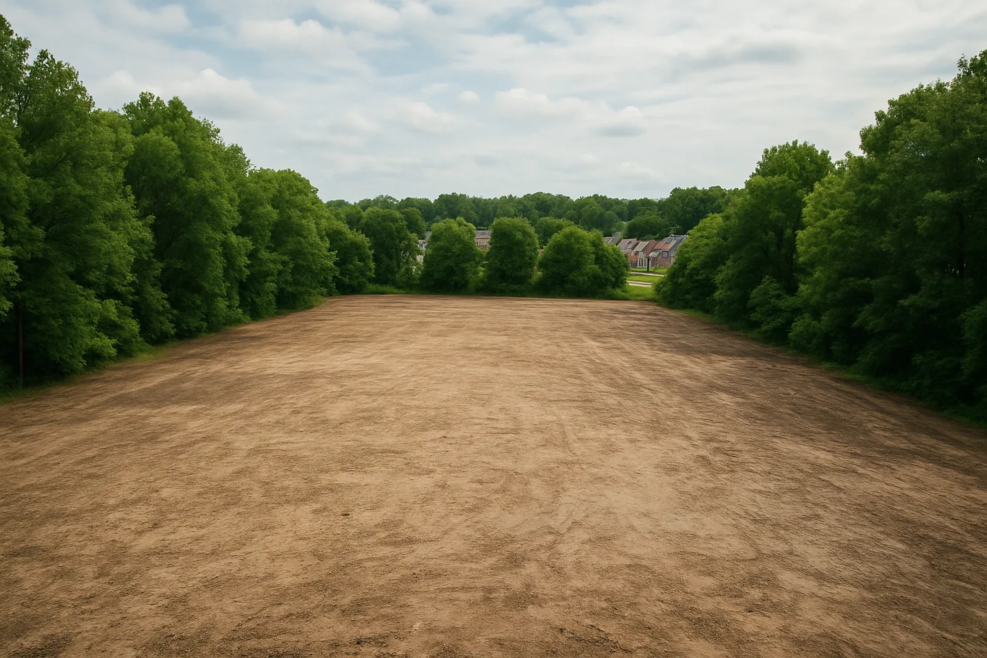Aerial view of a cleared vacant lot bordered by trees