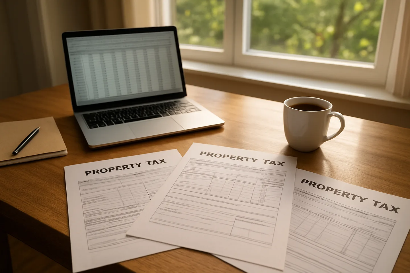 Property tax documents and laptop on a desk