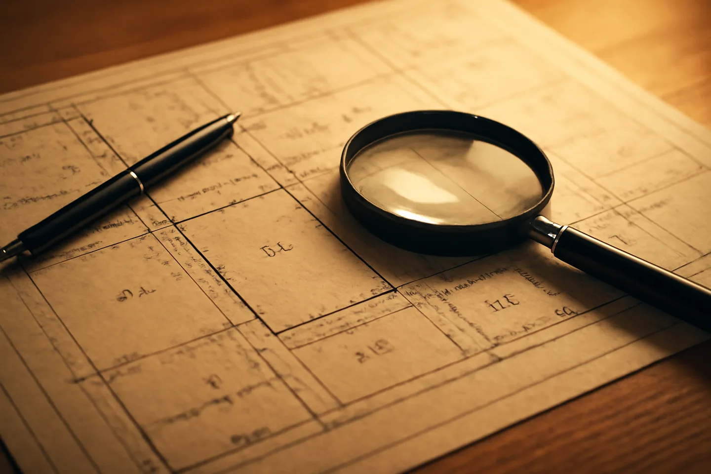 Property survey map and magnifying glass on a table