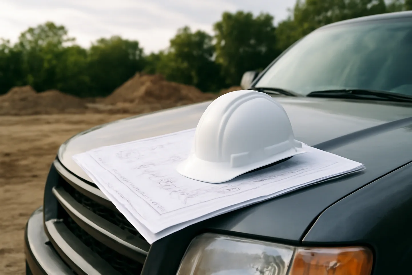 Blueprints and hard hat on a truck hood at a construction site