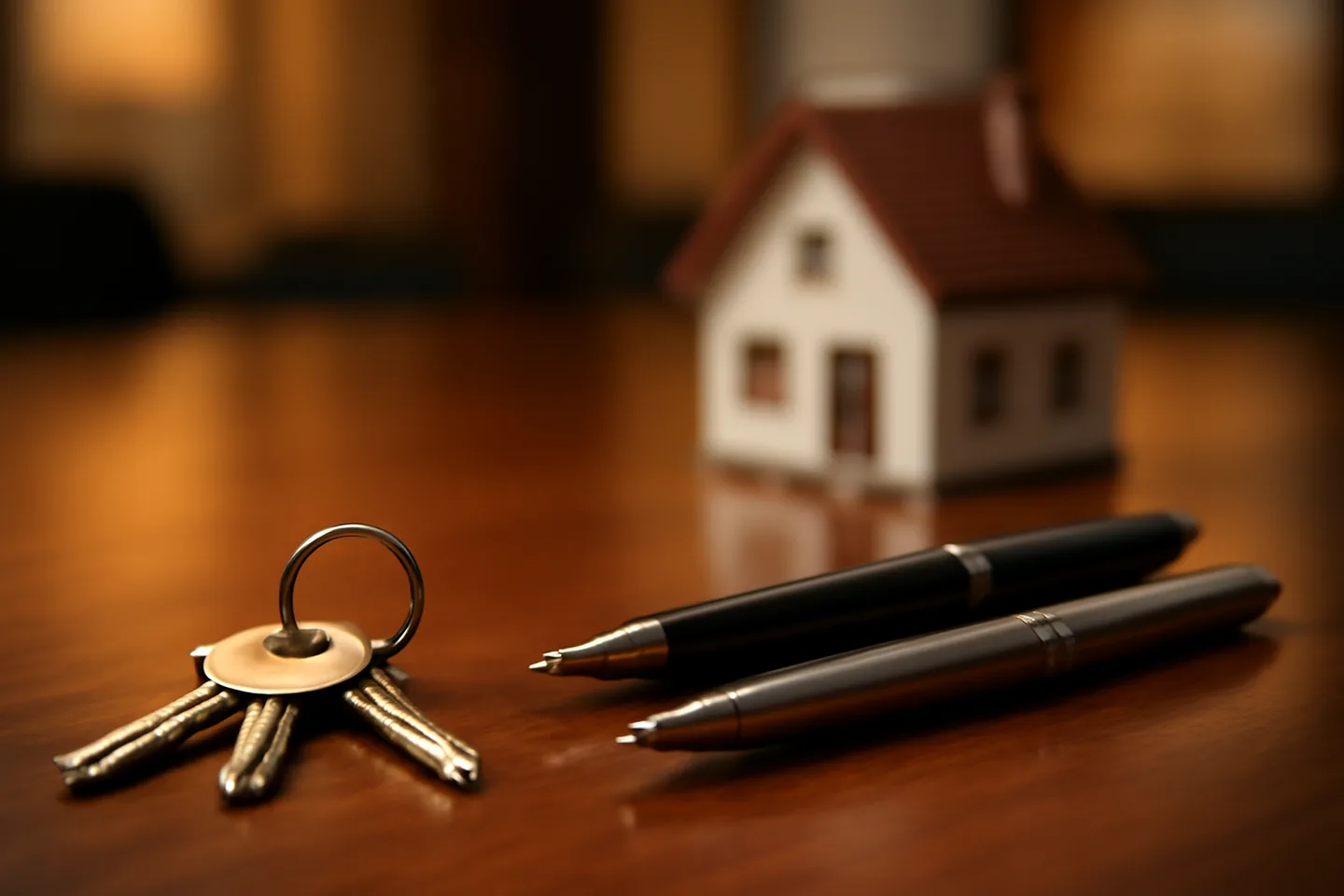 Property closing table with signed documents and keys from above