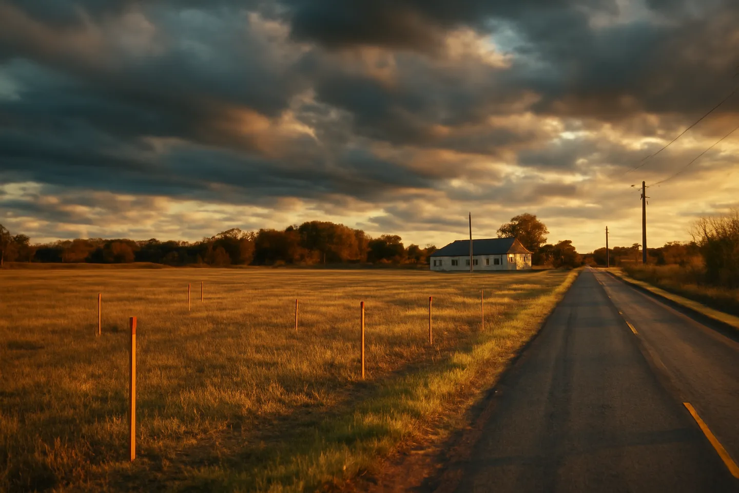 Rural property with survey stakes along a county road