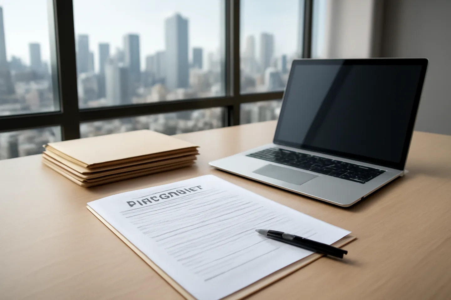 Professional office with property documents and city view