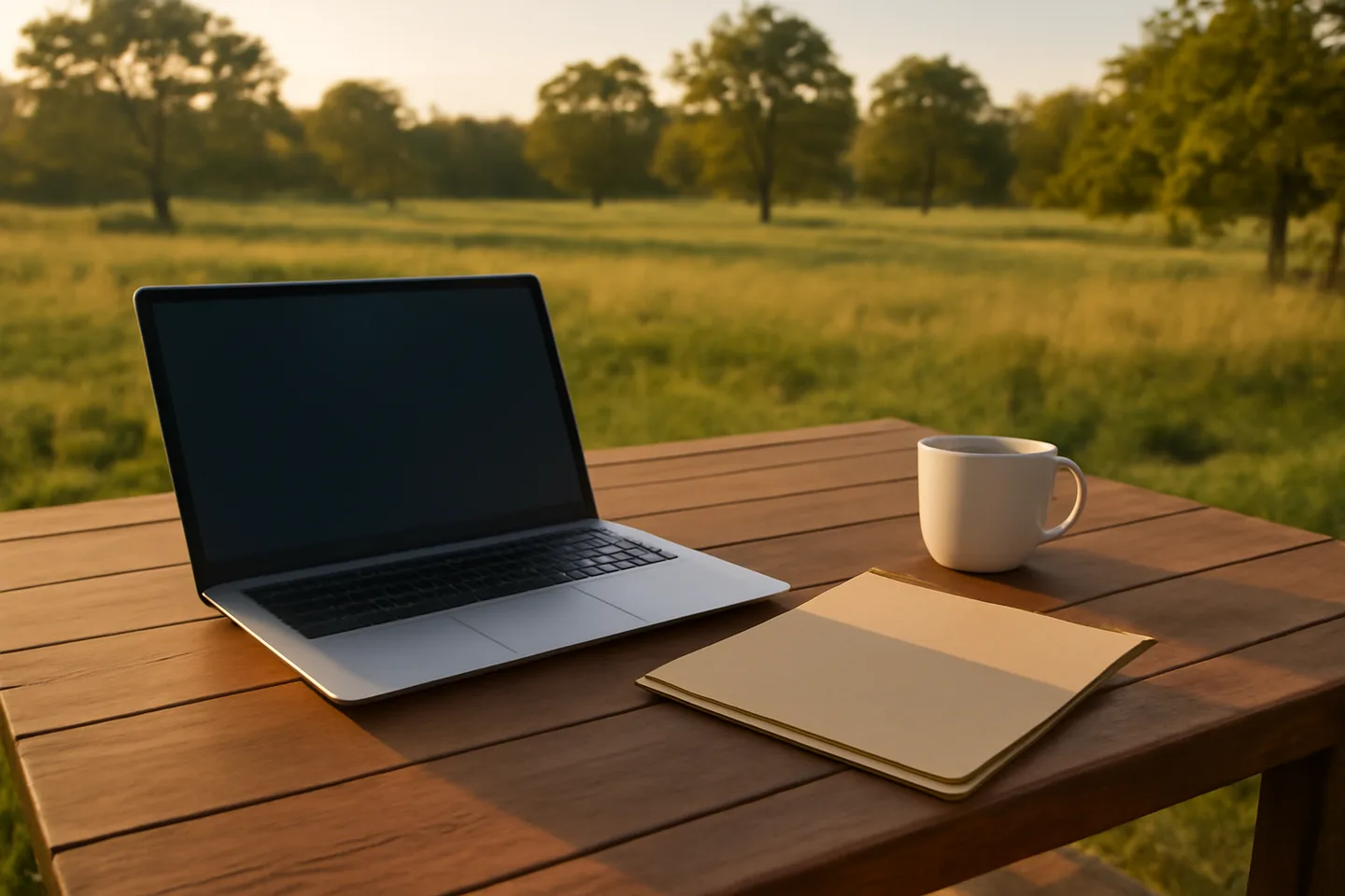 Laptop and property folder on a deck overlooking vacant land
